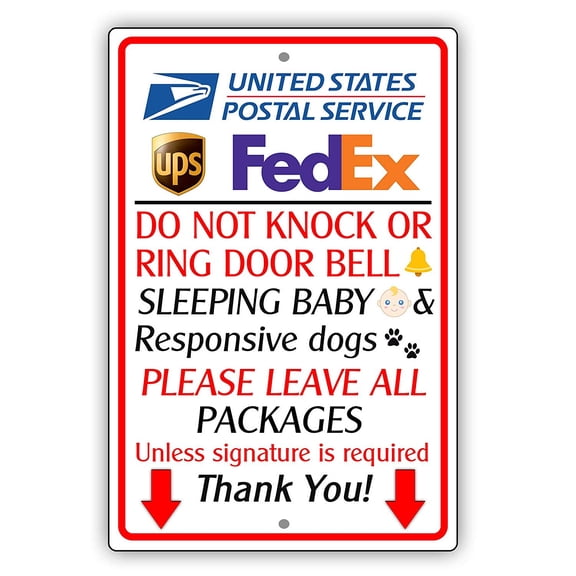 Do Not Knock or Ring Door Bell Sleeping Baby Please Leave All Package Warning Metal Aluminum Sign 8x12