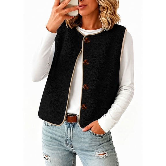 qafoshin Sherpa Fleece Vest for Women Sleeveless Button Down Jacket Crew Neck Casual Fall Winter Warm Outerwear