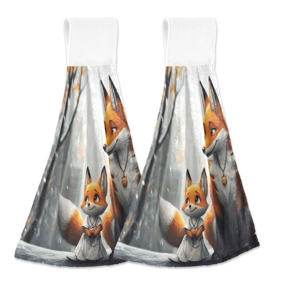2 Pcs Kitchen Hand Towels with Hanging Loops Absorbent Soft Fast Drying Decor Bath Towels Cute Fox and Snow