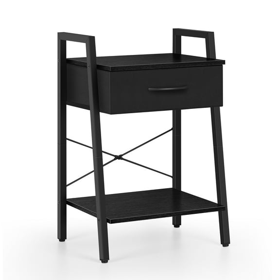 Black Nightstand with Fabric Drawer Small Bedside Table with Open Storage Shelf Industrial Bedroom Night Stand End Table for Bedroom Guest Room Dorm