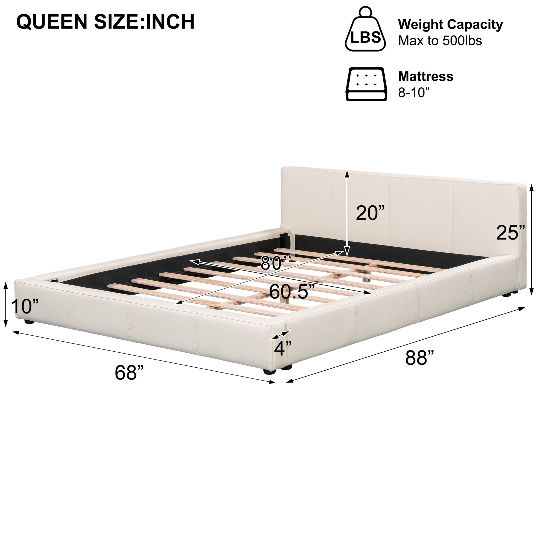 Christopher Knight Home 88" Queen Size Platform Bed Frame, Modern Faux Leather Upholstery, Beige