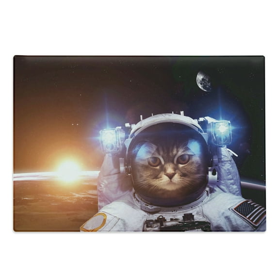 Space Cat Cutting Board, Kitten in Space Suit Sun Lunar Eclipse over Planet Stars Image, Decorative Tempered Glass Cutting and Serving Board, Large Size, Dark Blue Orange, by Ambesonne