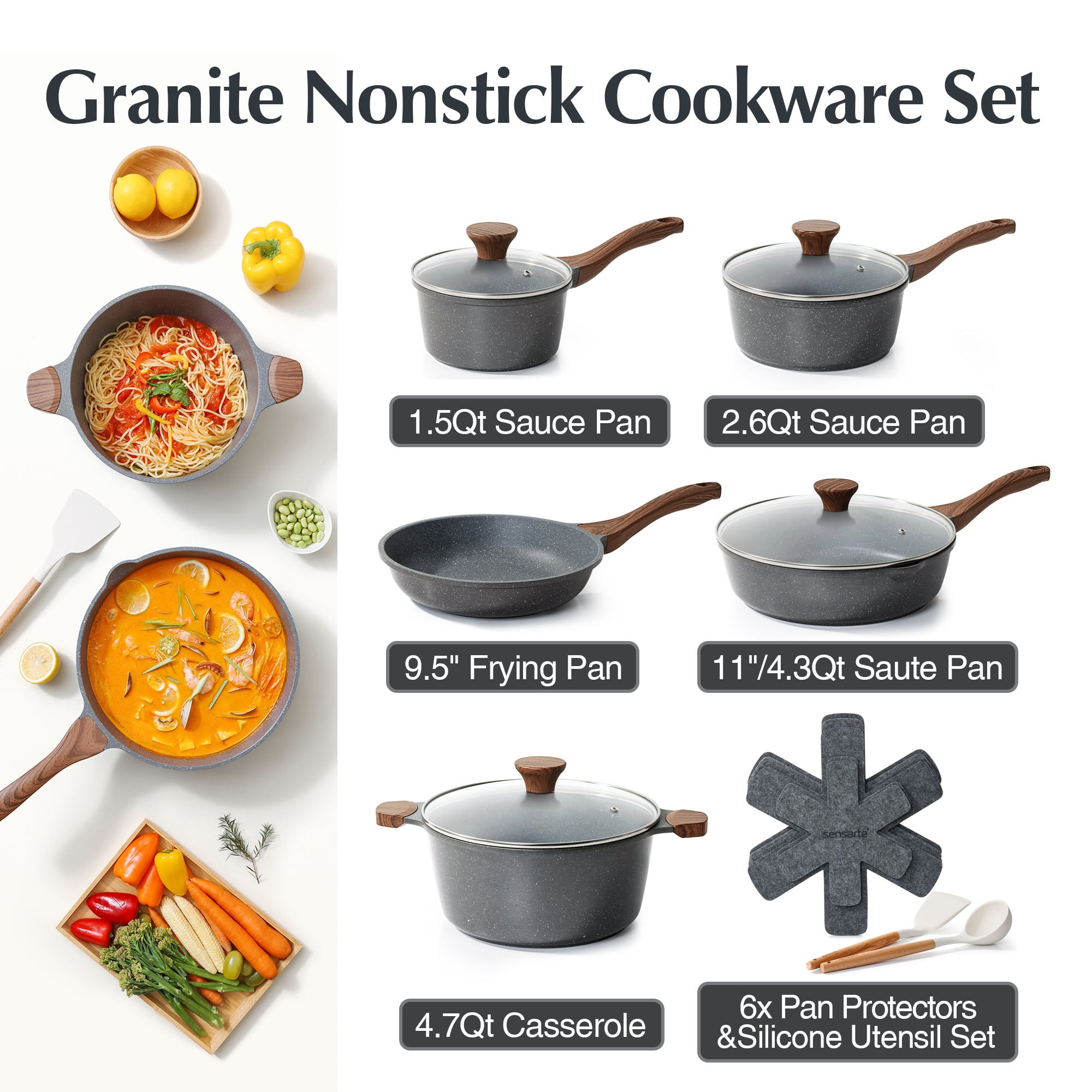 SENSARTE Nonstick Pots and Pans Set, 17 Pieces Granite Cookware Set Gray, Induction Compatible, Easy to Clean