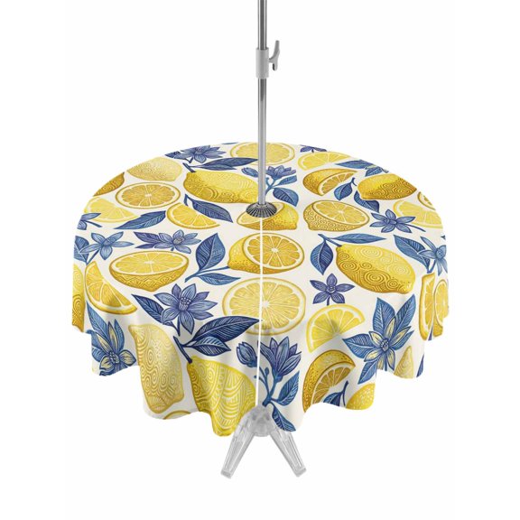 Outdoor Tablecloth with Umbrella Hole for Patio/Picnic/Party/Camping, Hand Drawn Lemon Waterproof Table Cloth Round Cover Washable, Blue Leaves Summer Tropical Botanical (Dia 54")