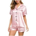 thumbnail image 3 of Feancey Pjs Shorts Sets for Women Satin Silky Pajama 2 Piece Outfits Soft Button Down Sleepwear Short Set Solid Color Casual Loungewear Two Piece Spring Sales Pink 3XL, 3 of 8