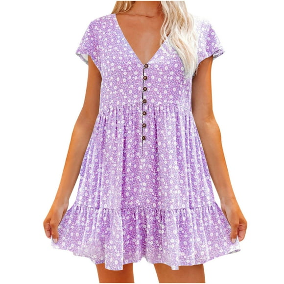 Robe d'Été pour Femmes Aguichant Mode Femmes Été Boutonnée Décontractée Imprimée Robe à Col en V Manches Courtes Robe Mini Courte Robe d'Été Courte pour Femmes Robe d'Été Décontractée pour Femmes