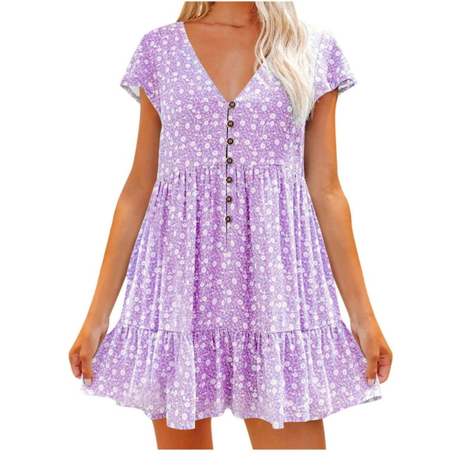 Robe d'Été pour Femmes Aguichant Mode Femmes Été Boutonnée Décontractée Imprimée Robe à Col en V Manches Courtes Robe Mini Courte Robe d'Été Courte pour Femmes Robe d'Été Décontractée pour Femmes