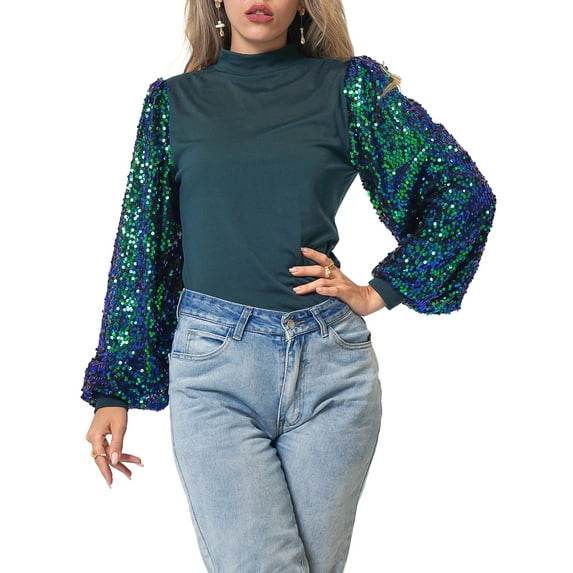 Women's Confetti Sequin Balloon Long Sleeve Mock Neck Pullover Sweatshirt, Green, Medium