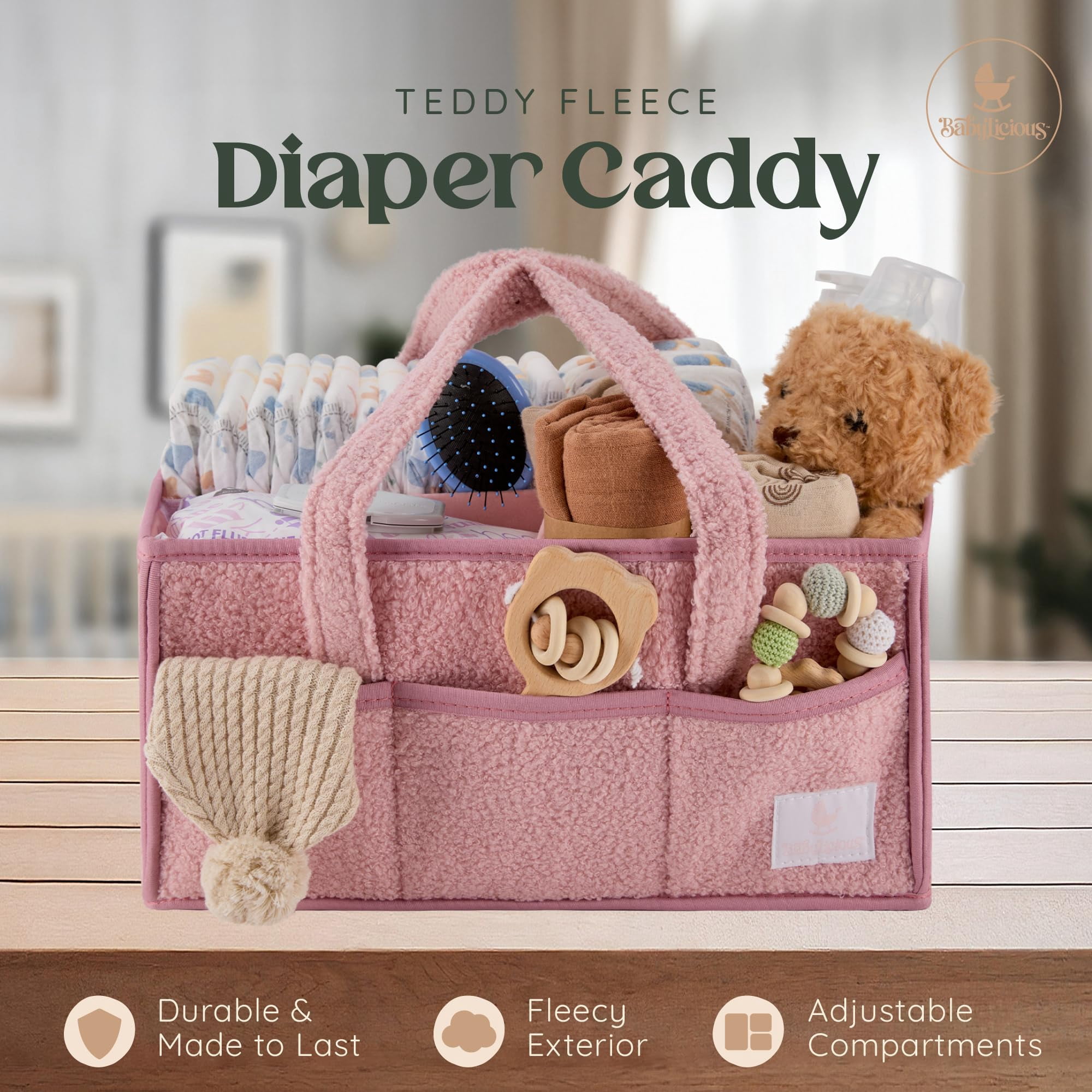 Babylicious Baby Diaper Caddy| Newborn Changing Table Organizer for Wipes and Diapers | - Blush Rose
