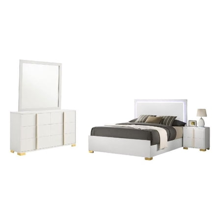 Dex 4pc Queen Bedroom Set with Modern LED Headboard- Mirror- White