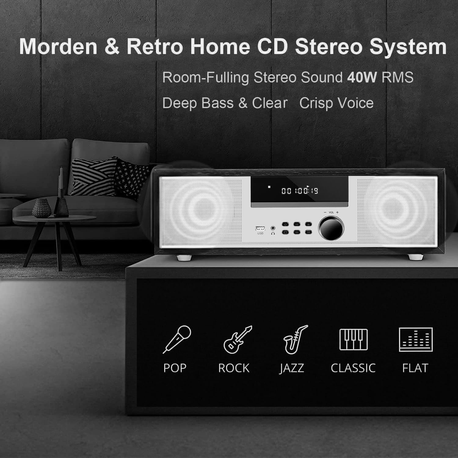 Vintage Style 40W RMS Micro Shelf Stereo System with CD Player, Bluetooth, USB Playback, FM Radio, AUX-Input, 2-Way Music Crisp-Sound, DSP-Tech