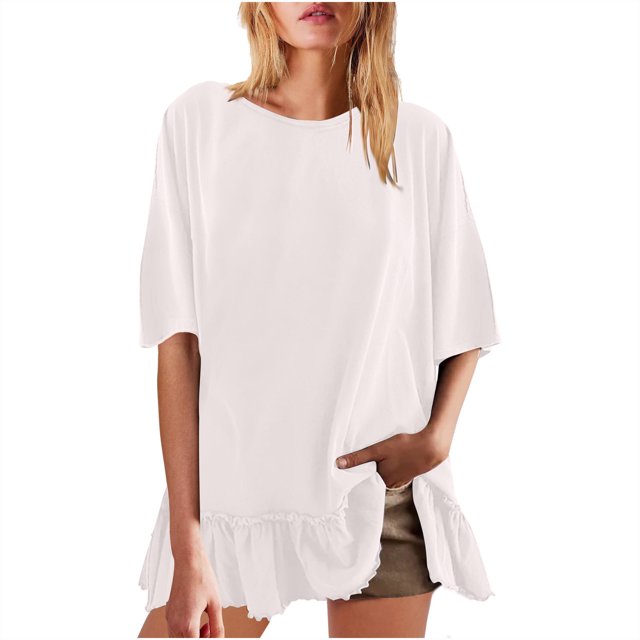 Plebaso T-Shirts Oversize pour Femmes Ourlet à Volants Manches Courtes Tee-Shirts Col Rond Décontracté Tops d'Été
