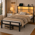 thumbnail image 2 of Zimtown Twin Bed Frame with Storage Headboard, LED Lights, and Charging Station, Single Metal Platform Bed, Black, 2 of 8