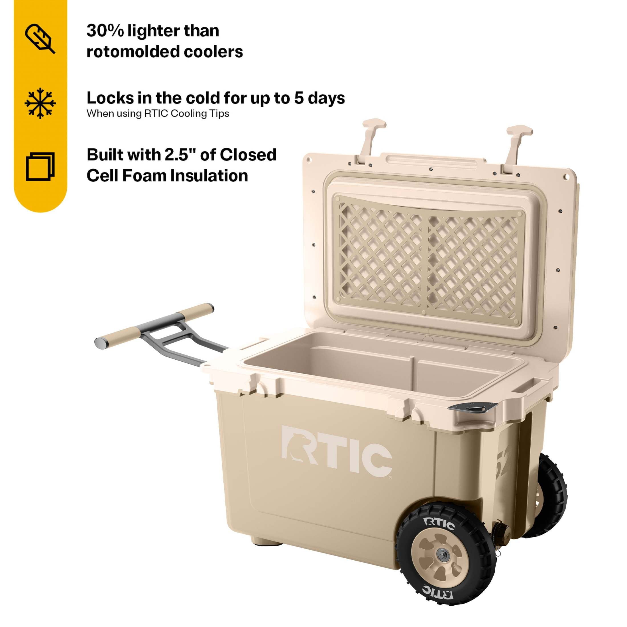 RTIC 52 QT Wheeled Hard-Sided Ice Chest Cooler, Ultra-Light, Fits 76 Cans, Beach