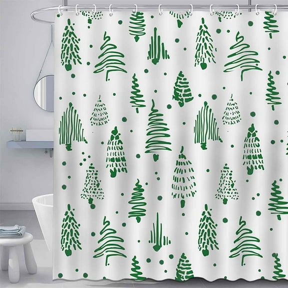 Christmas Trees Shower Curtain Merry Christmas Green Bathroom Curtain Xmas Winter Polyester Fabric Shower Curtain Set with 12 Hooks, 72x72 Inches