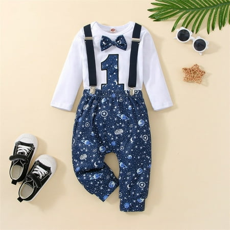 

Toddler Boy Outfits Cartoon Long Sleeve Bowknot Romper Tops Gentleman Suspender Pants Baby Boy Clothes