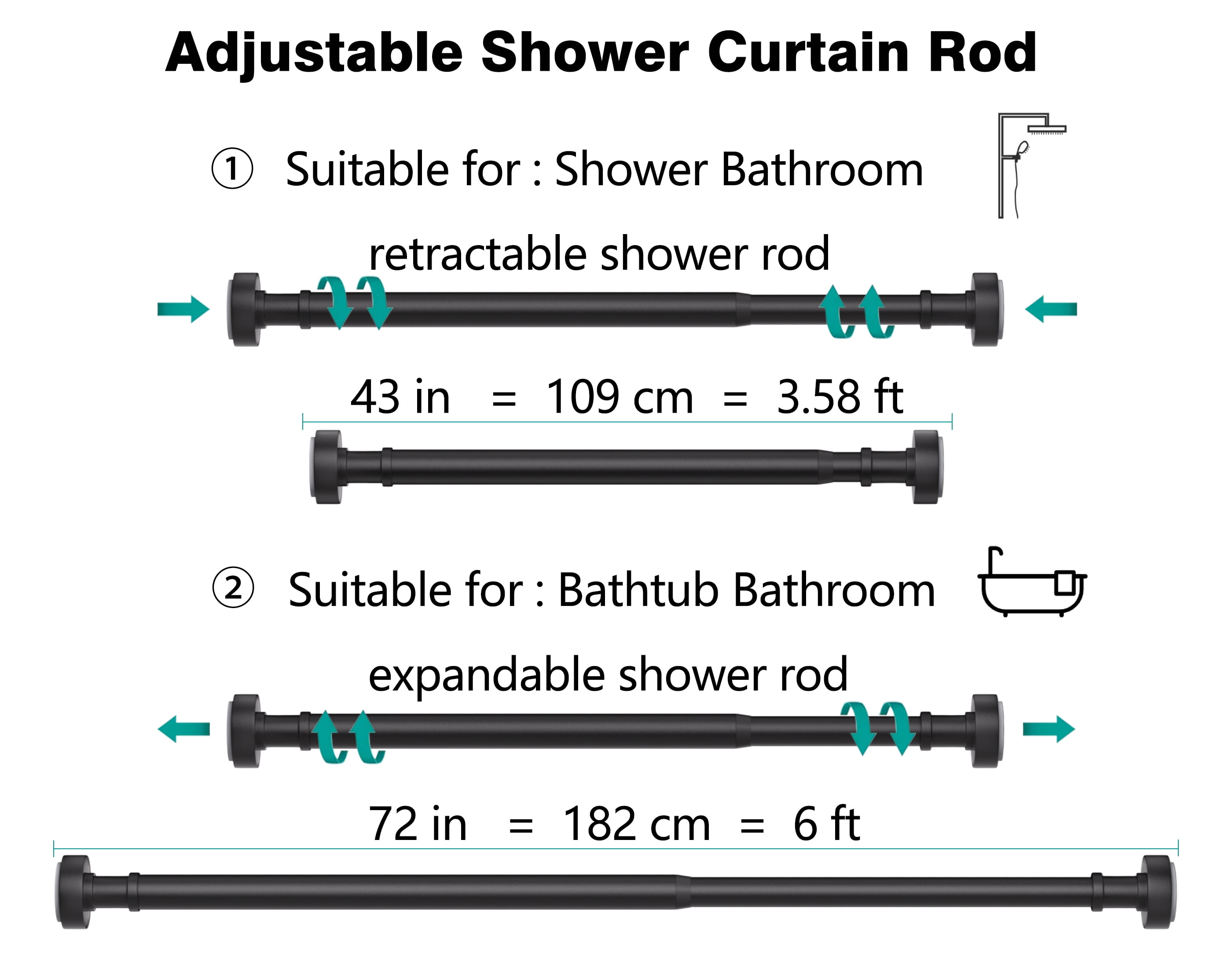 BloomFlower Black Shower Curtain Rod,43''-72'',Never Rust,Never Slip,No Drill,Matte,Adjustable Tension Metal Rod