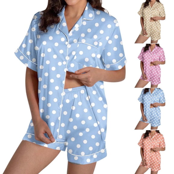Bxsruta Women's Printed Stand Up Collar Pajama Set with Pocket, Short Sleeve Top and Shorts for Casual Home Lounge Wear in 100% Polyester