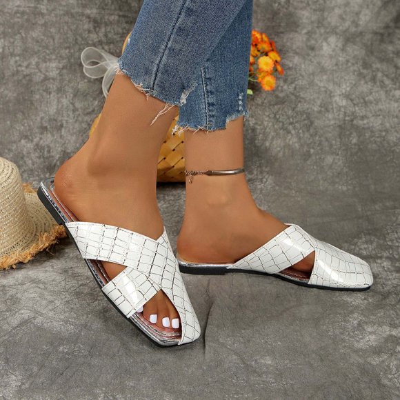 Gspmoly Womens Slide, Women's Fashion Casual Solid Color Square Head Spring And Summer New Flat Slippers Slippers Women White 37