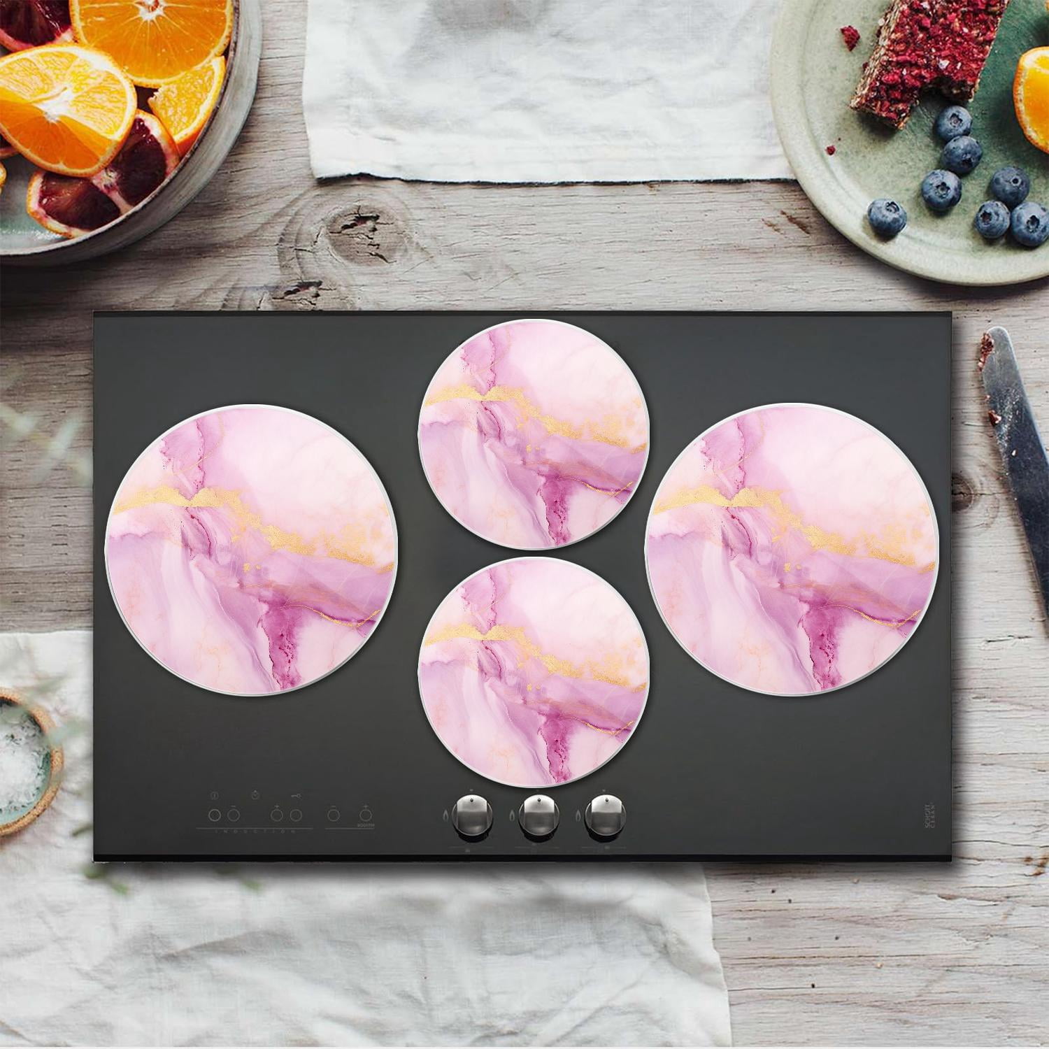 Bahomeck Gas Stove Burner Cover Set Of 4，Pink Fine Marble Watercolor Metal Stove Burner Covers，Electric Stove Burner Covers,Protecting Gas Stoves,Kitchen Decor，8 Inches And 10 Inches
