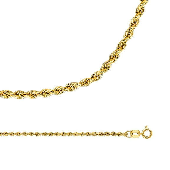 Rope Chain Solid 14k Yellow Gold Necklace Hollow Twisted Diamond Cut Style Thin Light, 2 mm - 16,18,20,22,24 inch