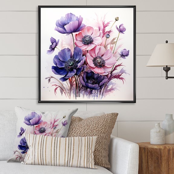 Designart "Bouquet of Blue and Purple Poppies II" Floral Framed Wall Art - Purple Poppies Entryway Framed Wall Art Print