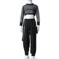 thumbnail image 3 of CHICTRY Kids Girls Mesh Long Sleeve Crop Top with Letters Print Vest Chain Pocket Pants Dance Sports Outfit Set Black&White 10, 3 of 7