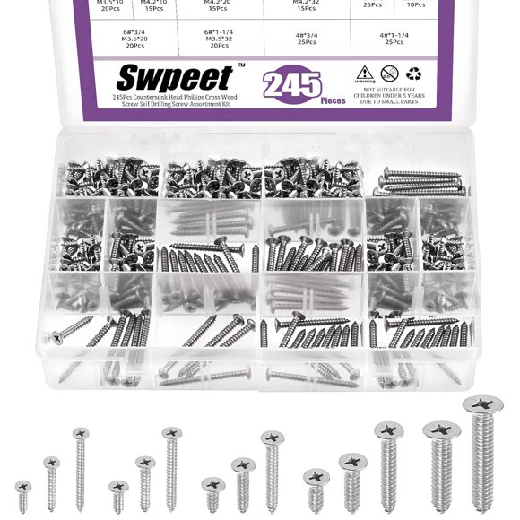 shiyou-245Pcs 14 Sizes #4#6#8#10#12 304 Stainless Steel Phillips Flat Head Fast Self Tapping Drywall Screws Wood Screws Assortment Kit, Flat Head Sheet Metal Screws Drive Self Tapping Screws