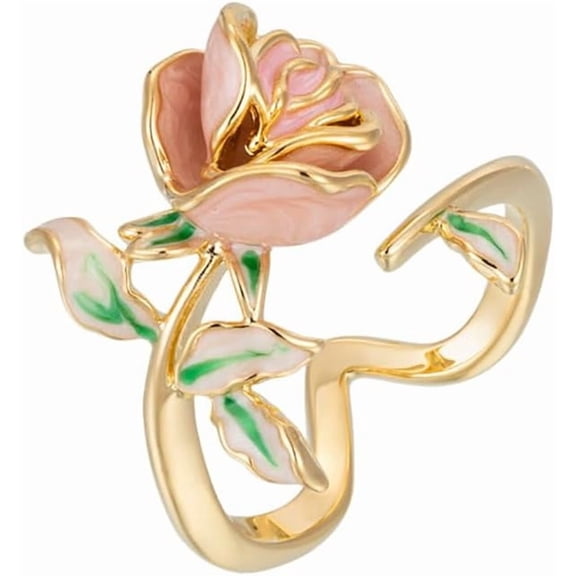 Pink Rose Flower Ring for Women Enamel Elegant Floral Leaf Wrap Finger Band Wedding Rings Engagement Promise Ring Bands Fashion Jewelry