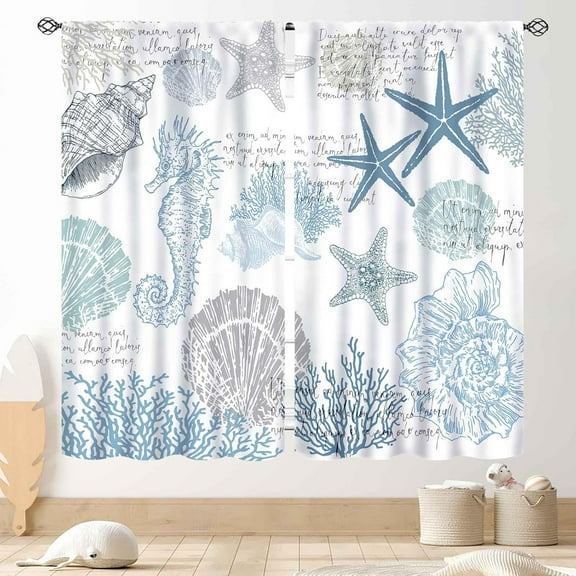 Nautcial Starifish Window Curtains, Beach Theme Coastal Seashell Starfish Blue Coral Rod Pocket Drapes for Bedroom Living Room Kids Room Bathroom Kitchen Window Treatments 2 Panel Sets, 42"x54" Inch