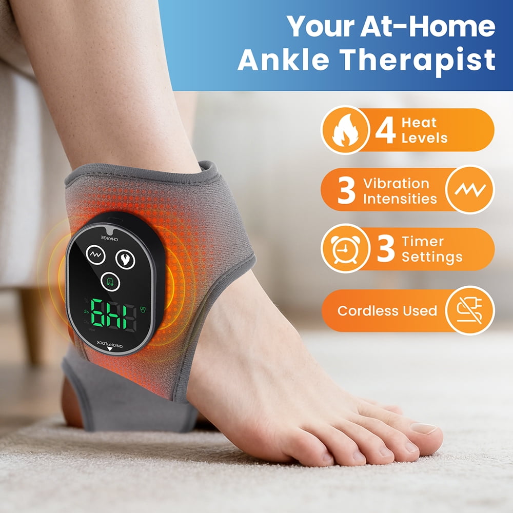Ankle Heated Wrap Brace, Ankle Heating Pad, Cordless Ankle Massager with Heat with 4 Heat Levels, 3 Vibration & Timing Modes, 3000mAh Battery, Heated Ankle Wrap for Ankle Tension, Gray 2pcs