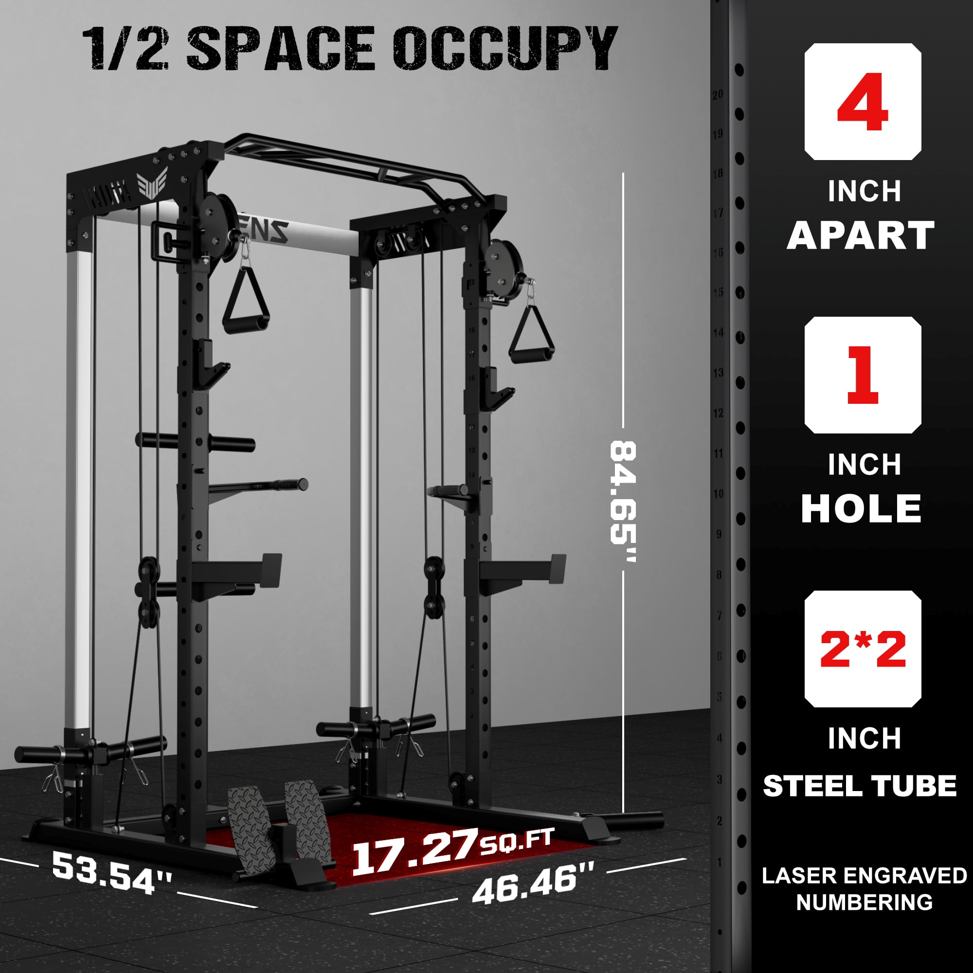 Multi-Function Power Rack Cage,2000lbs Dual Pulley Cable Crossover Machine with J Hooks, Dip Bars & Landmine for Home Gym