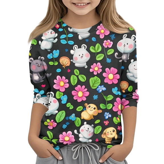 Abcomgle Girls Shirts 3/4 Sleeve 10-12 Crewneck Summer T-Shirts for Girls Trendy Basic Top for Girls Cotton Animal Daisy Floral Girls Blouses,Cyan,11-12Years