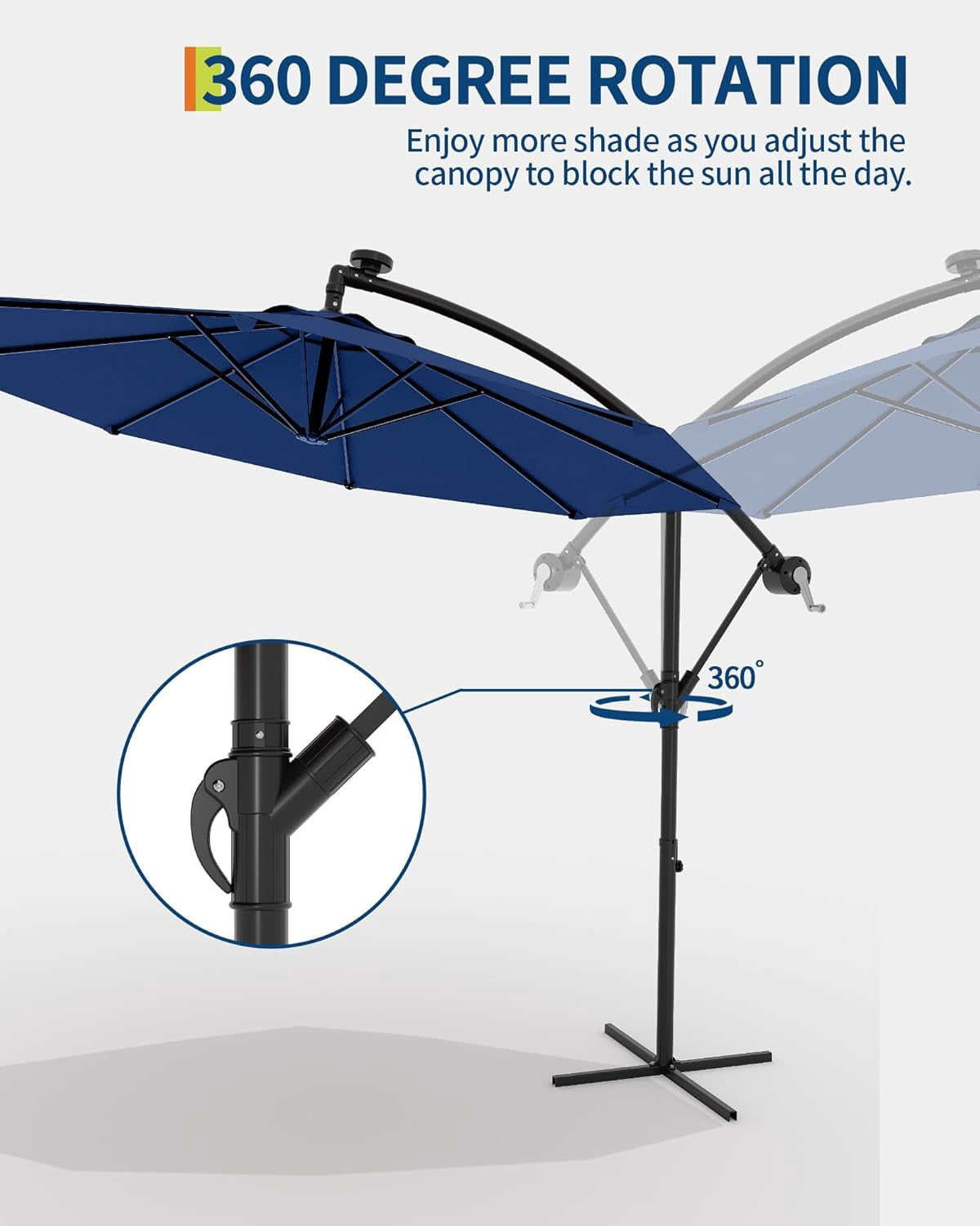 Memoryfield 10FT Cantilever Patio Umbrella with Cross Base, Outdoor Offset Market Umbrella with 360-degree Rotation and Infinite Tilt, for Backyard Lawn Garden and Pool, Navy Blue