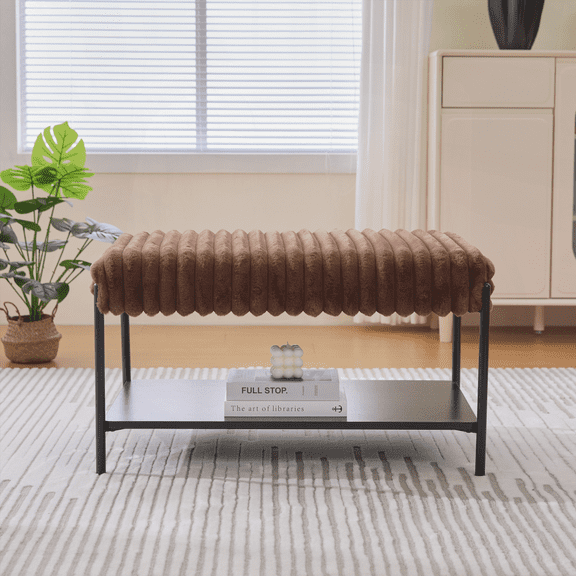 30.7" Wide Upholstered Ottoman Coffee Table with Black Metal Legs & Wooden Open Storage Shelf, Faux Fur Foot Stool for Multiple Spaces