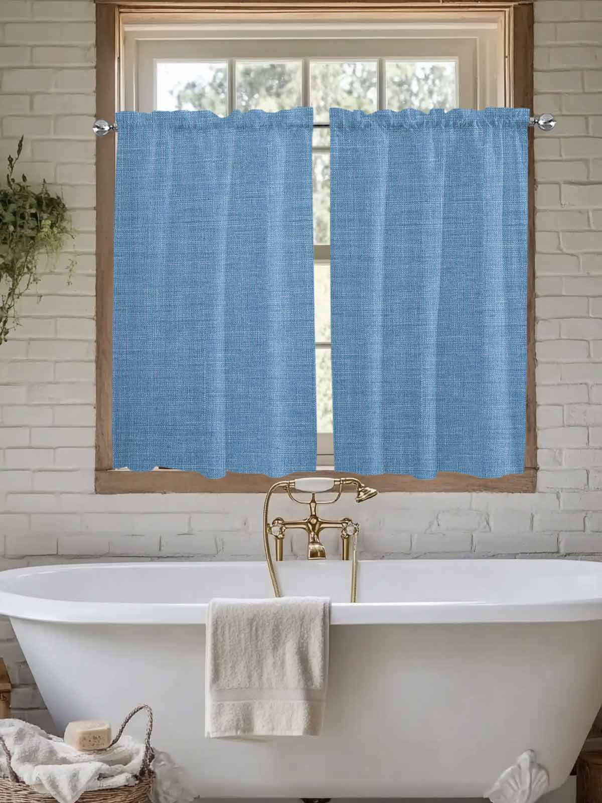 Blue Tier Curtains 45 Inches Long, Farmhouse Burlap Solid Blue Color Modern Linen Texture Window Treatment Curtain Drapes, Small Curtain Drapes for Bathroom Laundry Room, 27.5"x45", 2 Panels