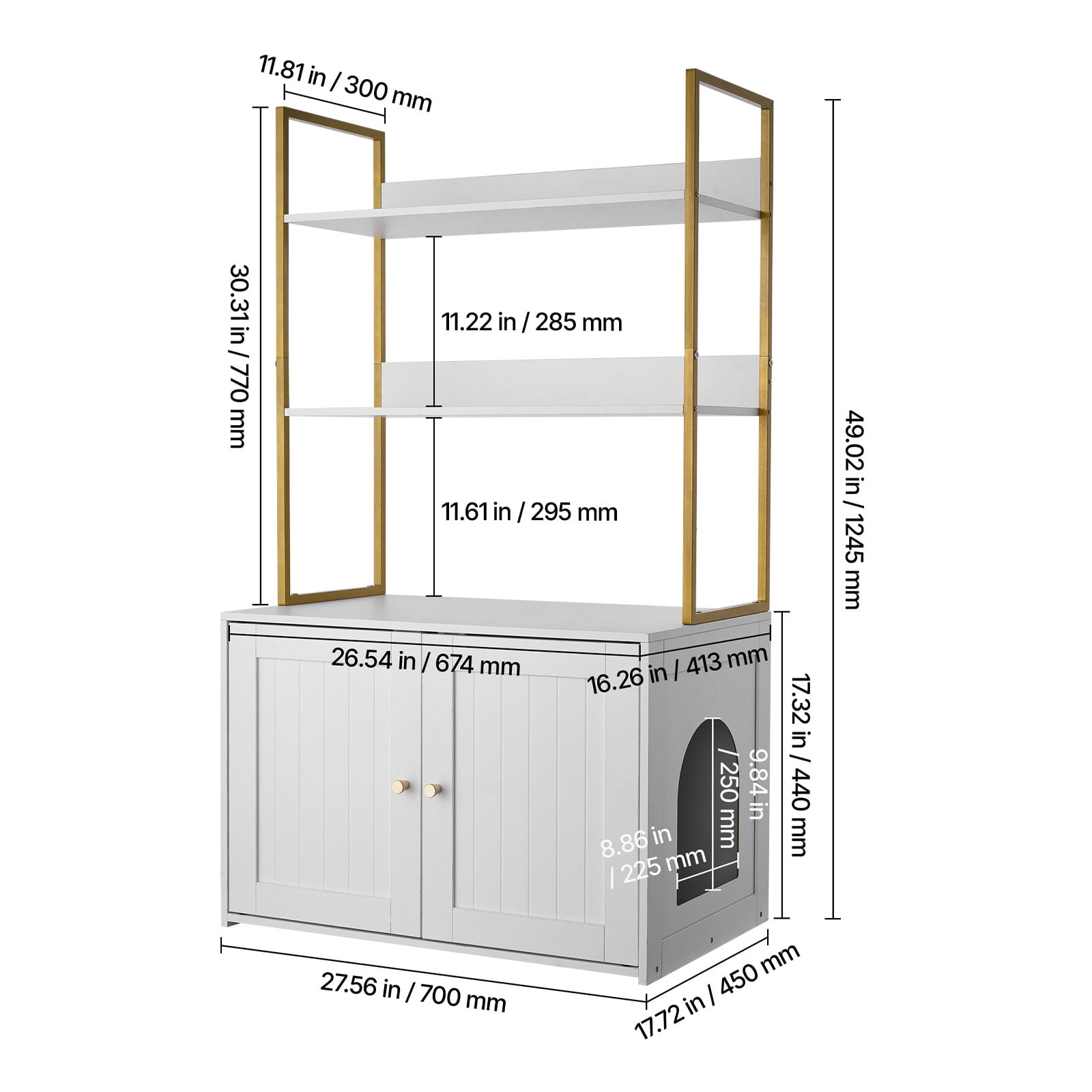 VEVOR Cat Litter Box Enclosure Furniture, 27.6 in Hidden Litter Box Cabinet with Metal Legs & 2-Tier Storage Shelves, Waterproof Cat Washroom Cat House, Fit Most of Litterbox, for Living Room