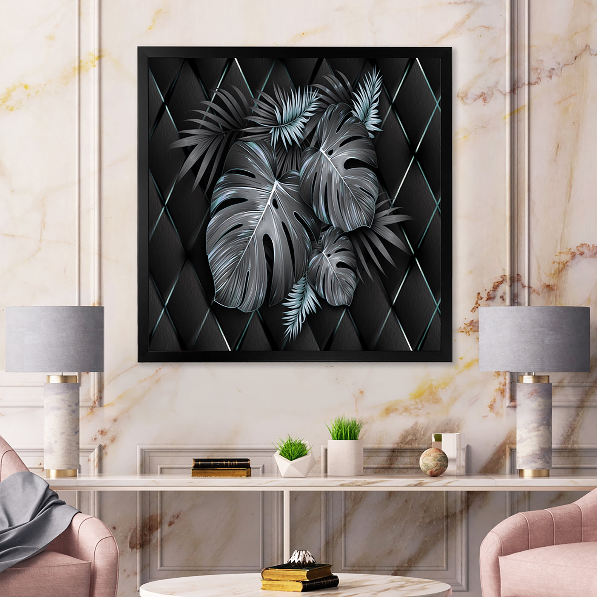 Designart 'Gold and Black Tropical Leaves I' Modern Framed Art Print