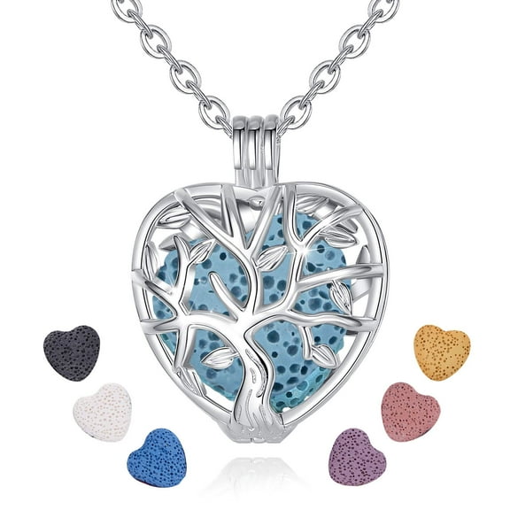 INFUSEU Tree of Life Essential Oil Diffuser Necklace for Women Aromatherapy Jewelry Charm Gifts, 7pcs Lave Rock Stone, 24 Inch Chain
