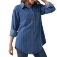 thumbnail image 4 of Fnooota Button Down Shirts for Women, Stripe Long Sleeve Casual Denim Tops Blue Size M, 4 of 6