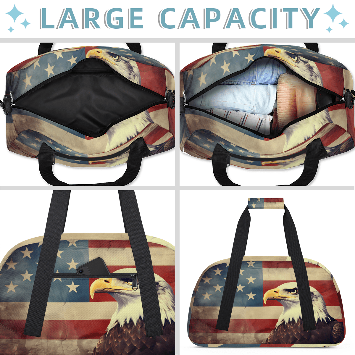 Herdesigns American Flag Eagles Sports Duffle Bag for Women & Men, Patriotic USA Flag Gym Bag Dance Bag Overnight Bag Carry On Weekender Travel Bag
