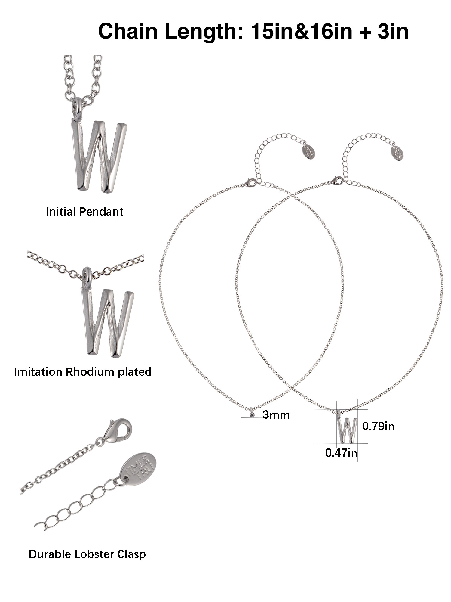 Time and Tru Silvertone Rolo Chain 2 Row Initial "W" Pendant Necklace