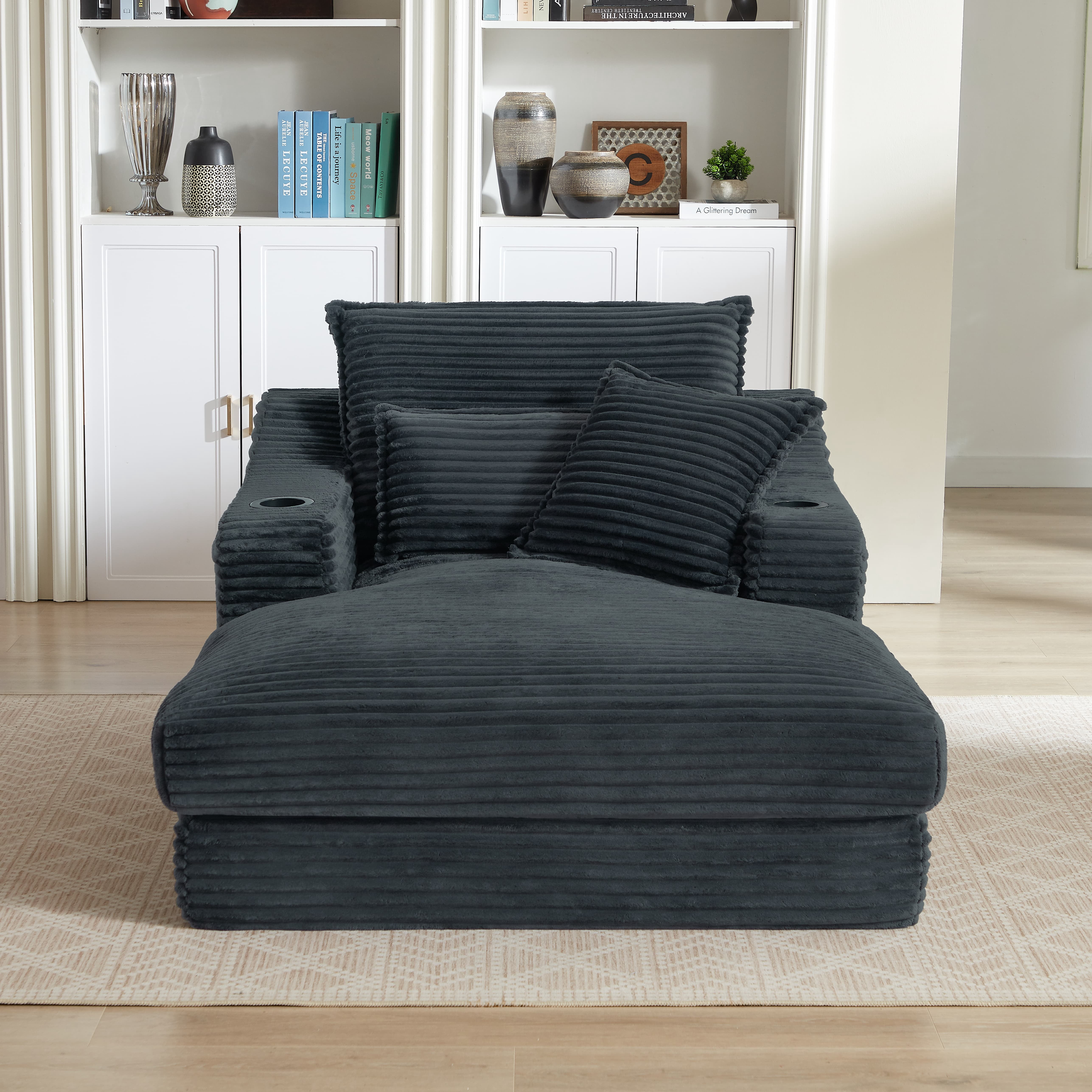 MAYEERTY Dark Gray Corduroy Chaise Sofa, Oversized Comfortable Lounge for Living Room, 47×68×35"