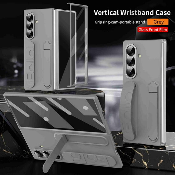 Dteck Drop Protection Case for Samsung Galaxy Z Fold 7 Case, Slim with Kickstand Phone Cases, Shookproof Anti-Scratch Cover Rugged Case With Wrist Strap, Gray