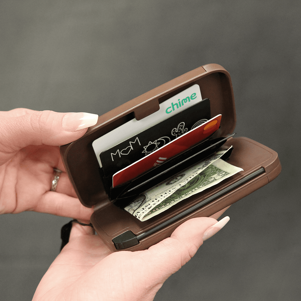 RFID Blocking Wallet & Power Bank With Built-In Charging Cable & Interchangeable Adapters (Mahogany)