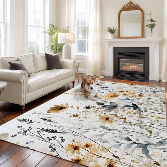 6'x9' Area Rugs, Spring Flowers Indoor Outdoor Area Rug for Living Room Bedroom, Watercolor Botanical Floral Herbs Plants Washable Bathroom Rugs Kitchen Floor Carpet Mats Home Decor Aesthetic