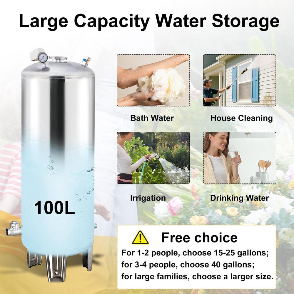100L/26.4gal Pressure Tank for Well Pump, Fully Automatic Well Pressure Tank Stainless Steel Water Pressures Tanks W/Mounting Kit for Wells Pump/Water System, Agricultural Waters, Residential
