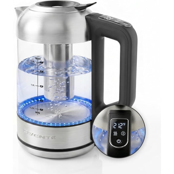 OVENTE Digital Glass Electric Kettle with Temperature Control, 1.8L Cordless Electric Tea Kettle with 7 Presets, Water Boiler Electric Pot, Keep Warm Function, Auto Shut-Off, Silver KGD752S