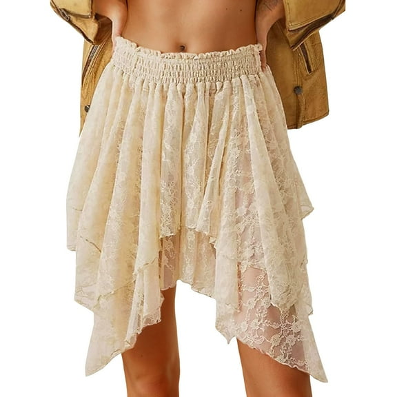 RUTAYY Women Lace Mini Skirt Low Rise Ruffle Layered Skirt Sheer Mesh Pleated A-Line Skirt Summer Flowy Fairy Skirt Solid Color Casual Travel Skirts