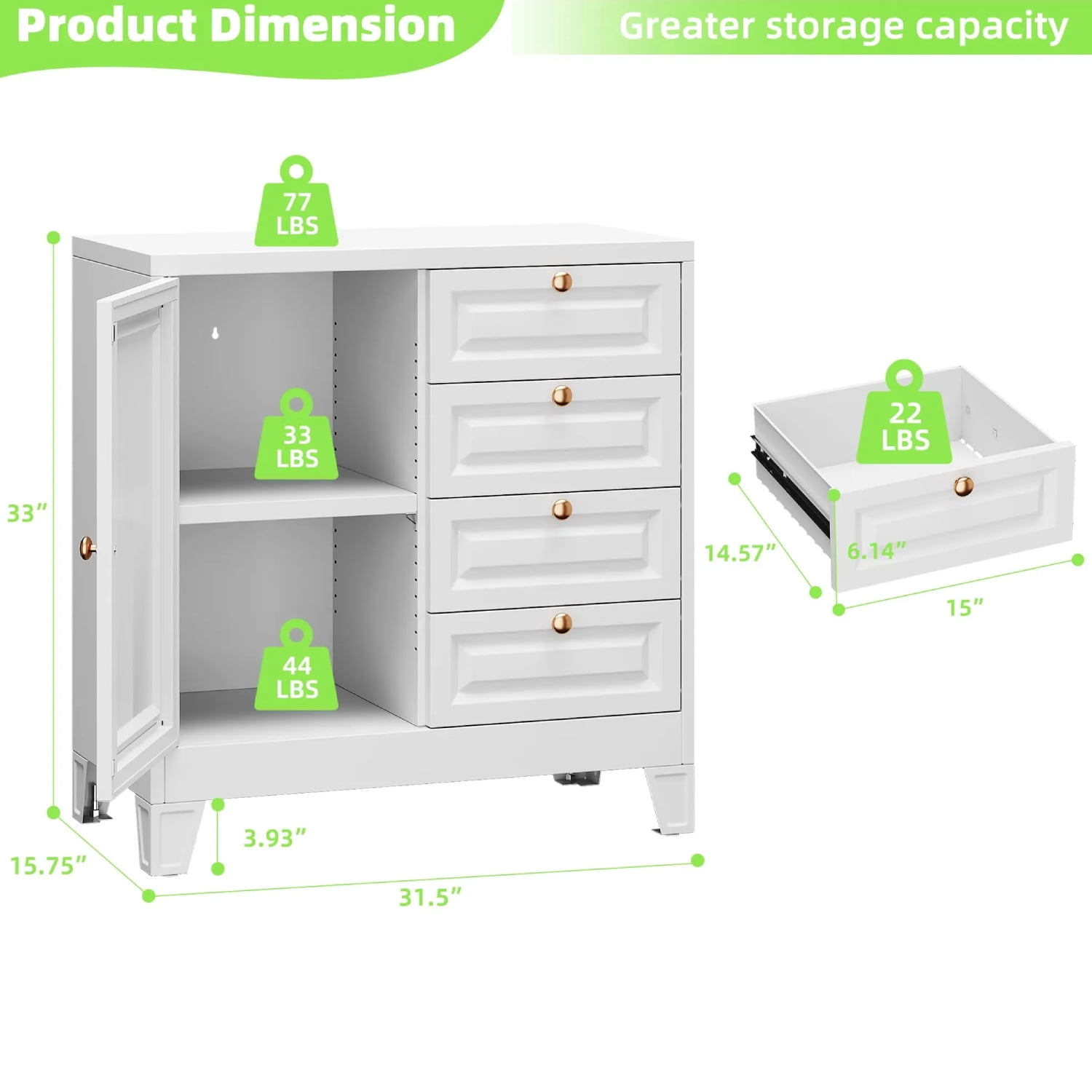 Bathroom Floor Cabinet, Wooden Storage Organizer with 4 Drawers & 1 Door, Free-Standing Cupboard for Bathroom & Kitchen, White
